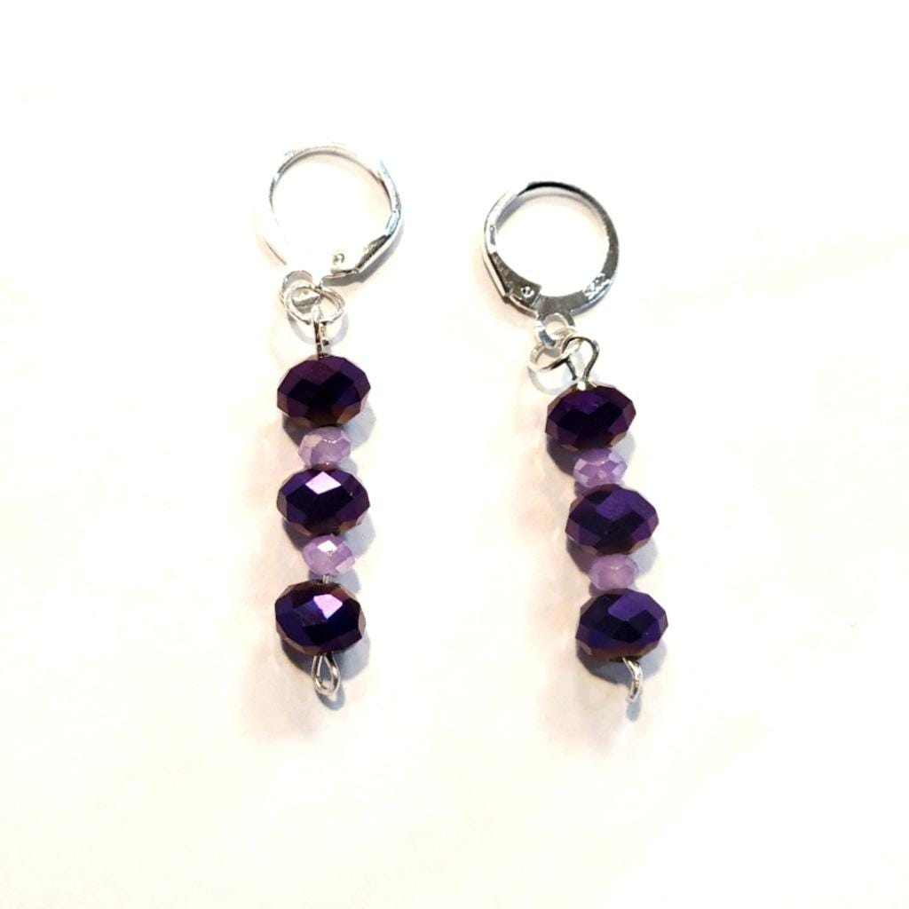 Purple Metallic & Lilac Faceted Beaded Dangle Drop Earrings 925 Stamped - Thumbnail 4