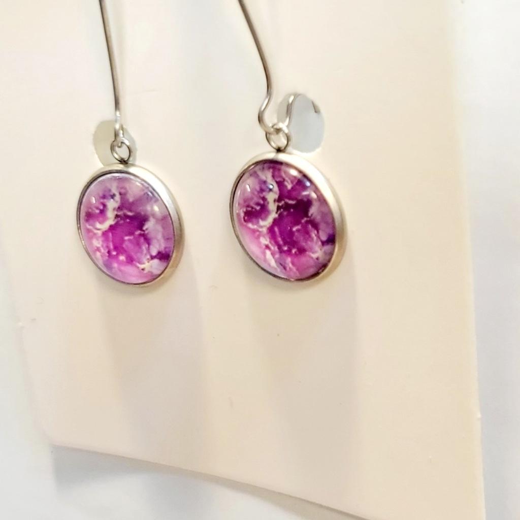 Pink Abstract and Silver Drop Earrings - Thumbnail 3