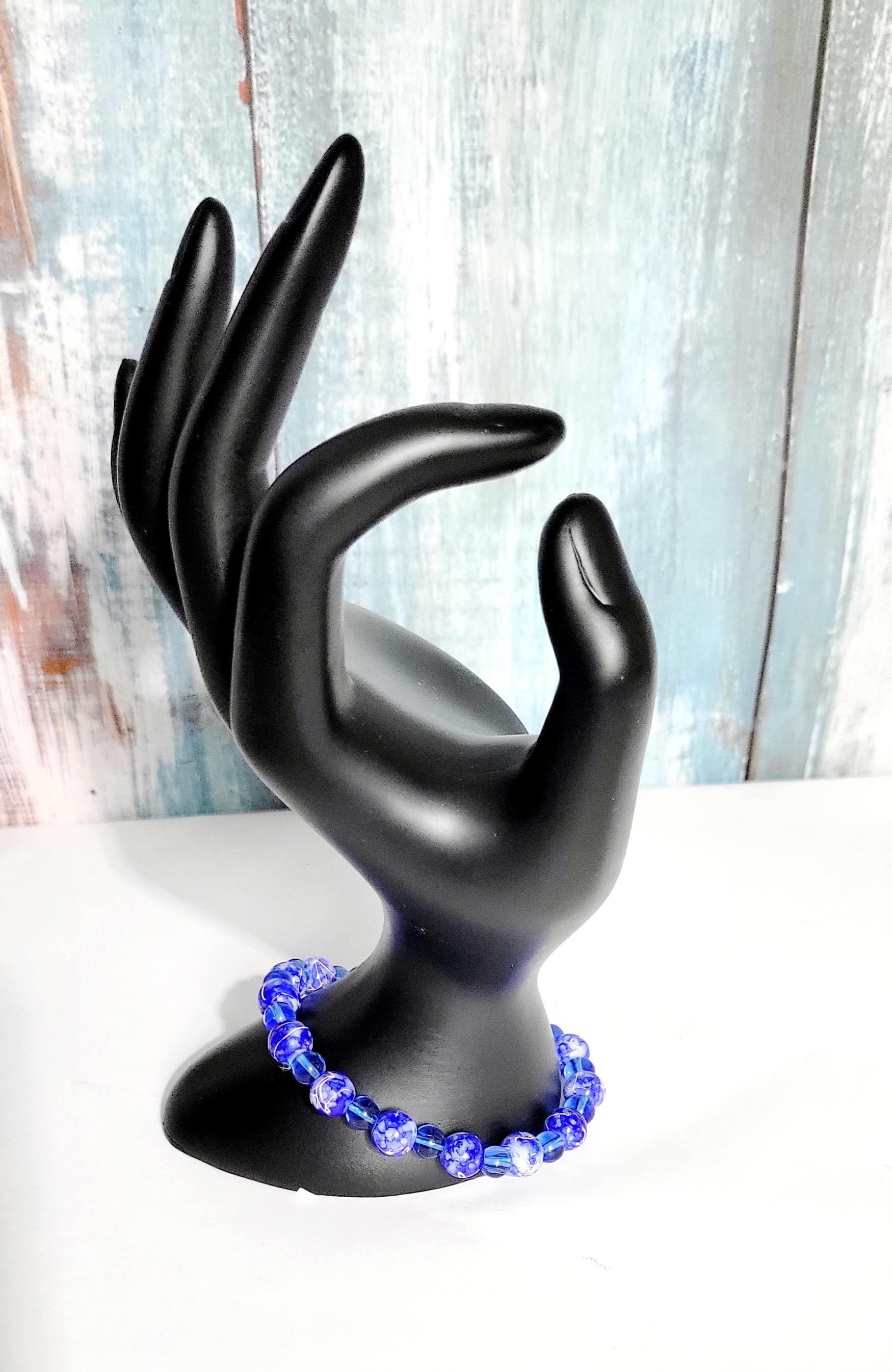 Hand crafted blue and white acrylic bead and translucent blue glass beaded bracelet - Thumbnail 5