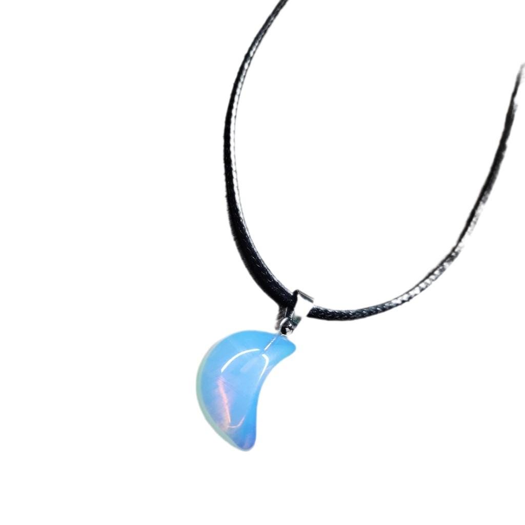 Hand Crafted Opalite Crescent Moon Pendant Corded Necklace - Thumbnail 2