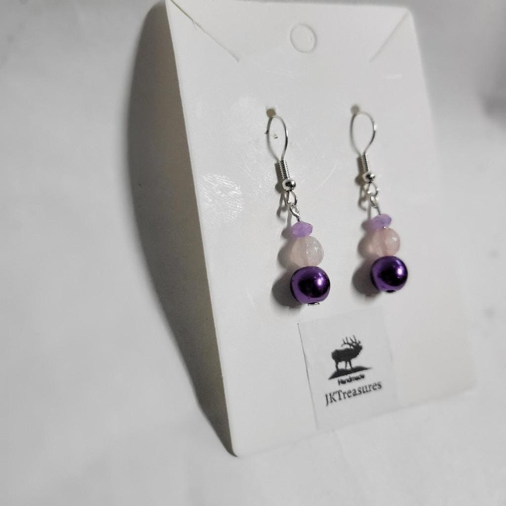 Hand crafted lilac & rose quartz purple glass bead dangle earrings - Thumbnail 2