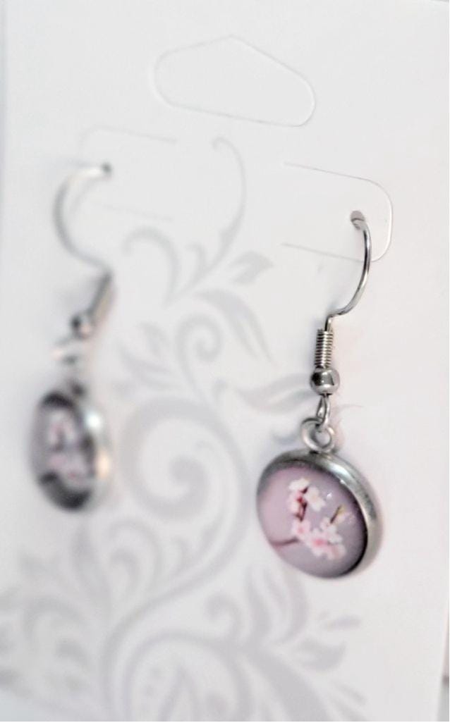 Cherry Blossom cabochon dangle drop earrings - Thumbnail 3