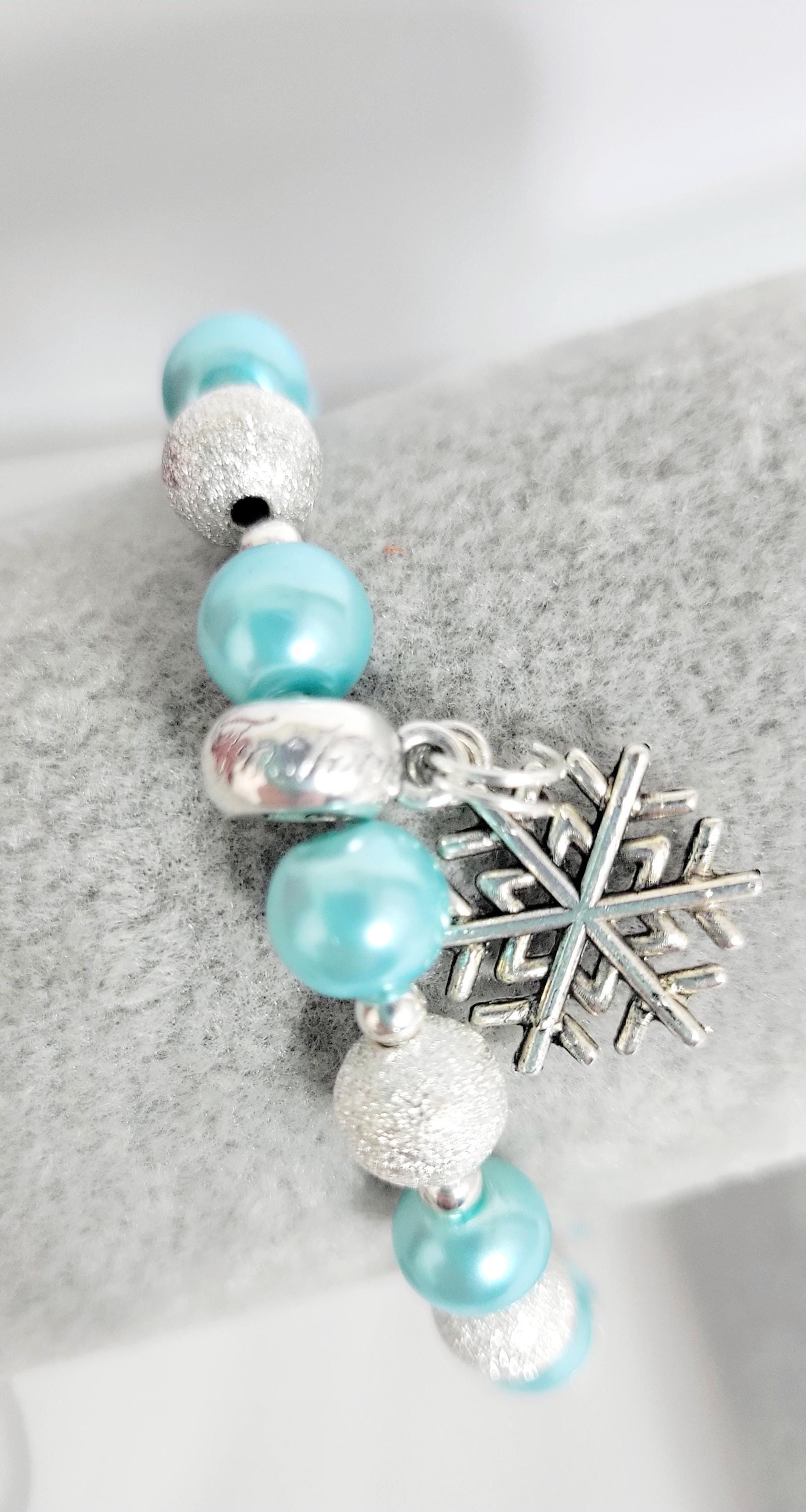 Ice blue glass beaded snowflake charm bracelet - Thumbnail 2