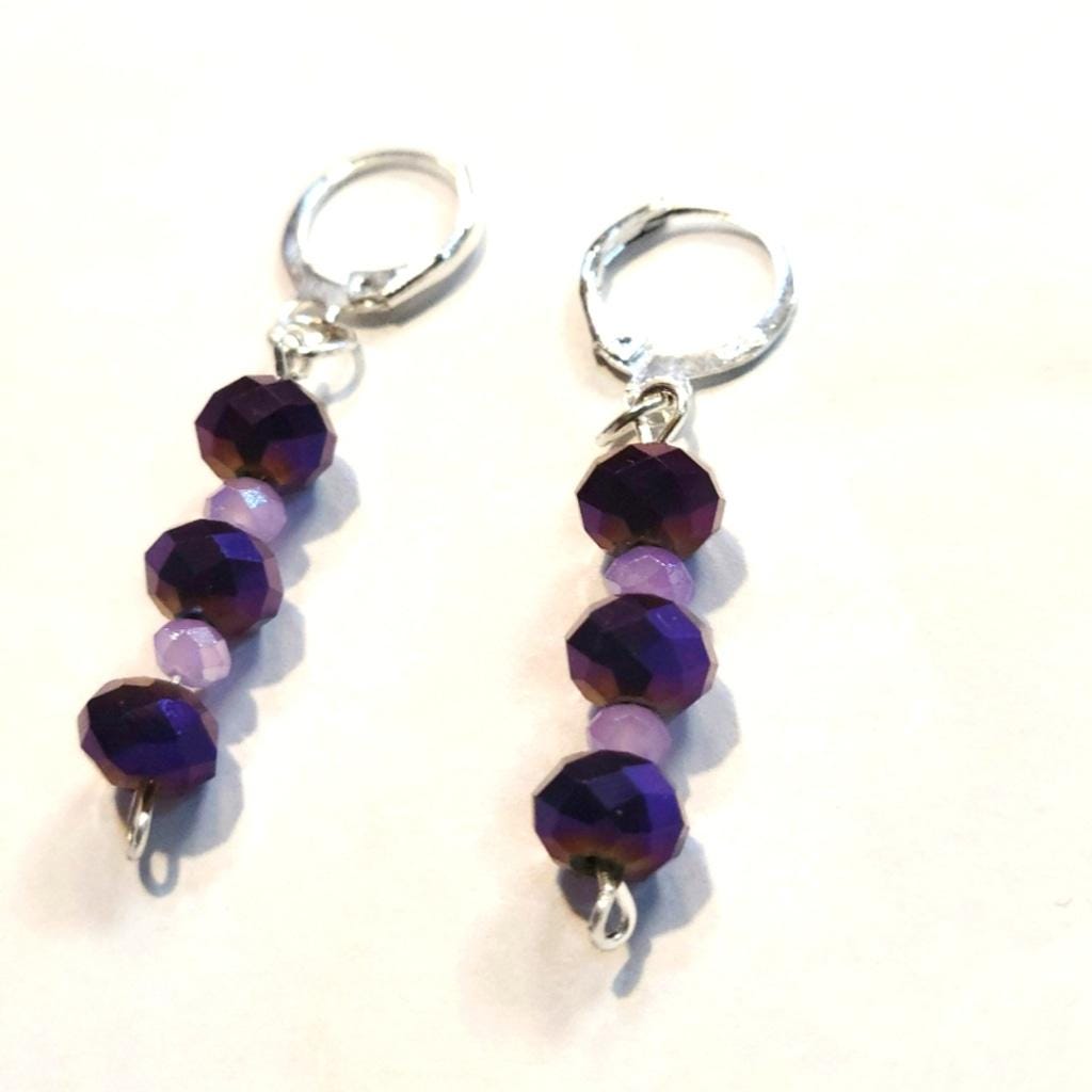 Purple Metallic & Lilac Faceted Beaded Dangle Drop Earrings 925 Stamped - Thumbnail 2