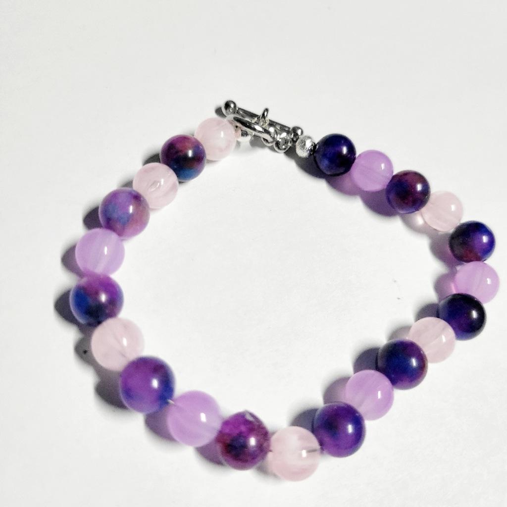 Natural Sugilite Rose Quartz Amethyst Crystsls Beaded Wire Bracelet Toggle Clasp 8" Hand Crafted - Thumbnail 4