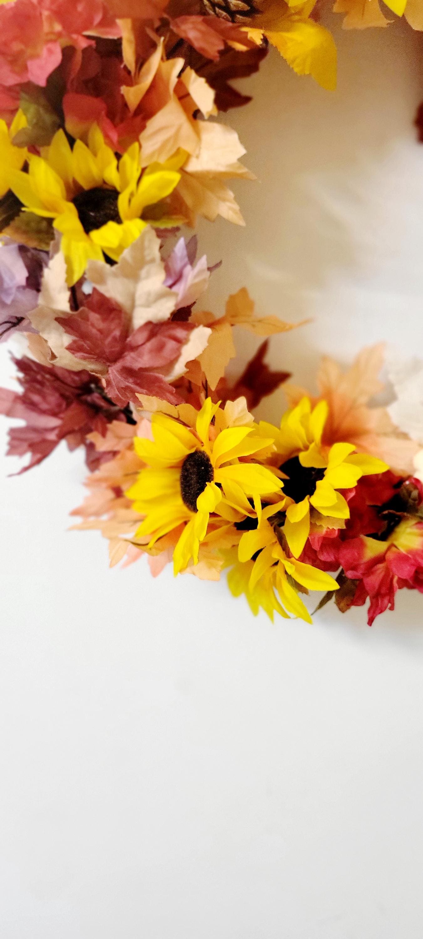 Hand Crafted Festive Fall Autumn Thanksgiving Wreath Door Hanging with Sunflowers and Pinecones - Thumbnail 7