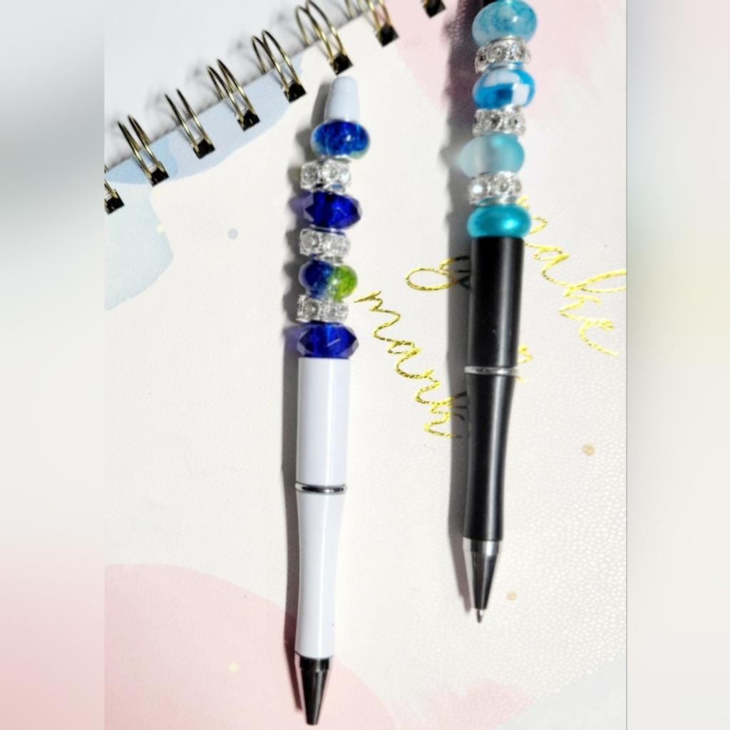 Set of 3x Large Beaded Pens in Black, White, and Gold Hand Crafted - Thumbnail 4