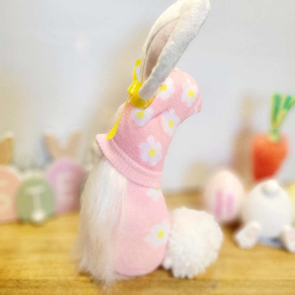 Artisanal Pink Bunny Spring Gnome with Yellow Bow Decor 11" - Thumbnail 6