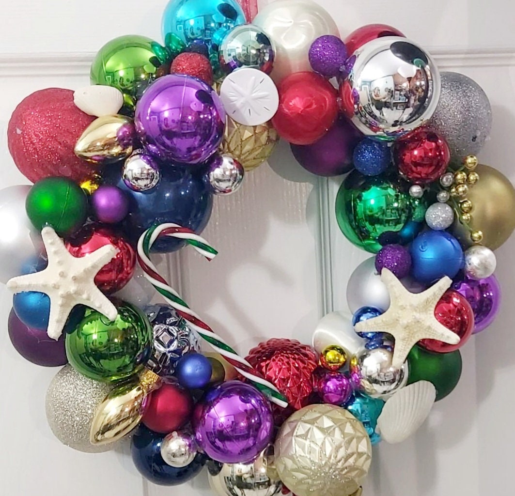 Beach Coastal Christmas Winter wreath with shatterproof ball ornaments Nautical beach theme - Thumbnail 5