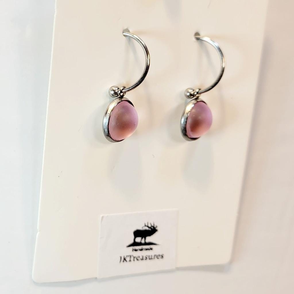 Pink Crystal Sea Glass Rhinestone Dangle Drop Hoop Earrings - Thumbnail 3