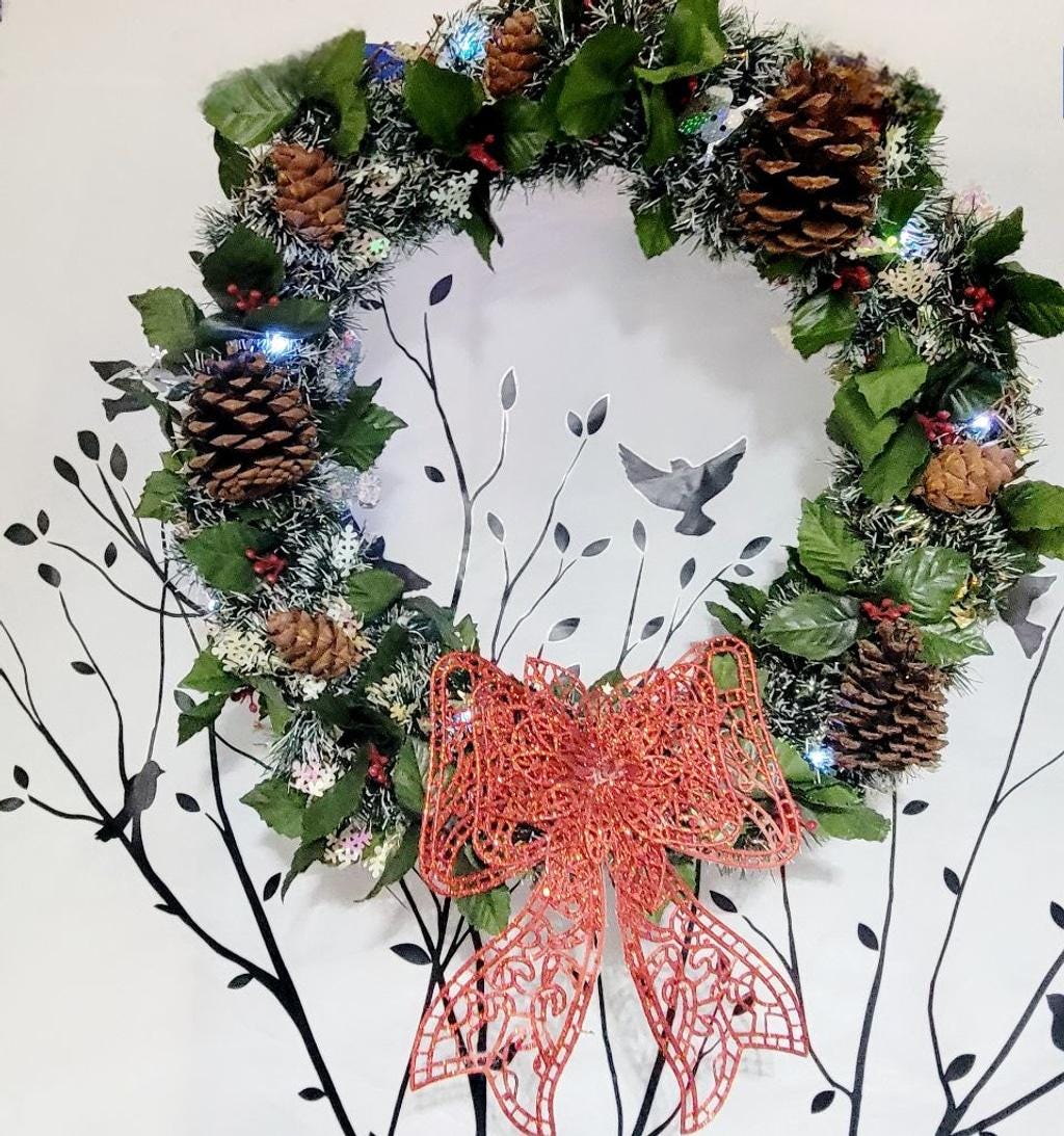 Handcrafted upcycled pre-lit 14" Christmas wreath door hanging wall decor