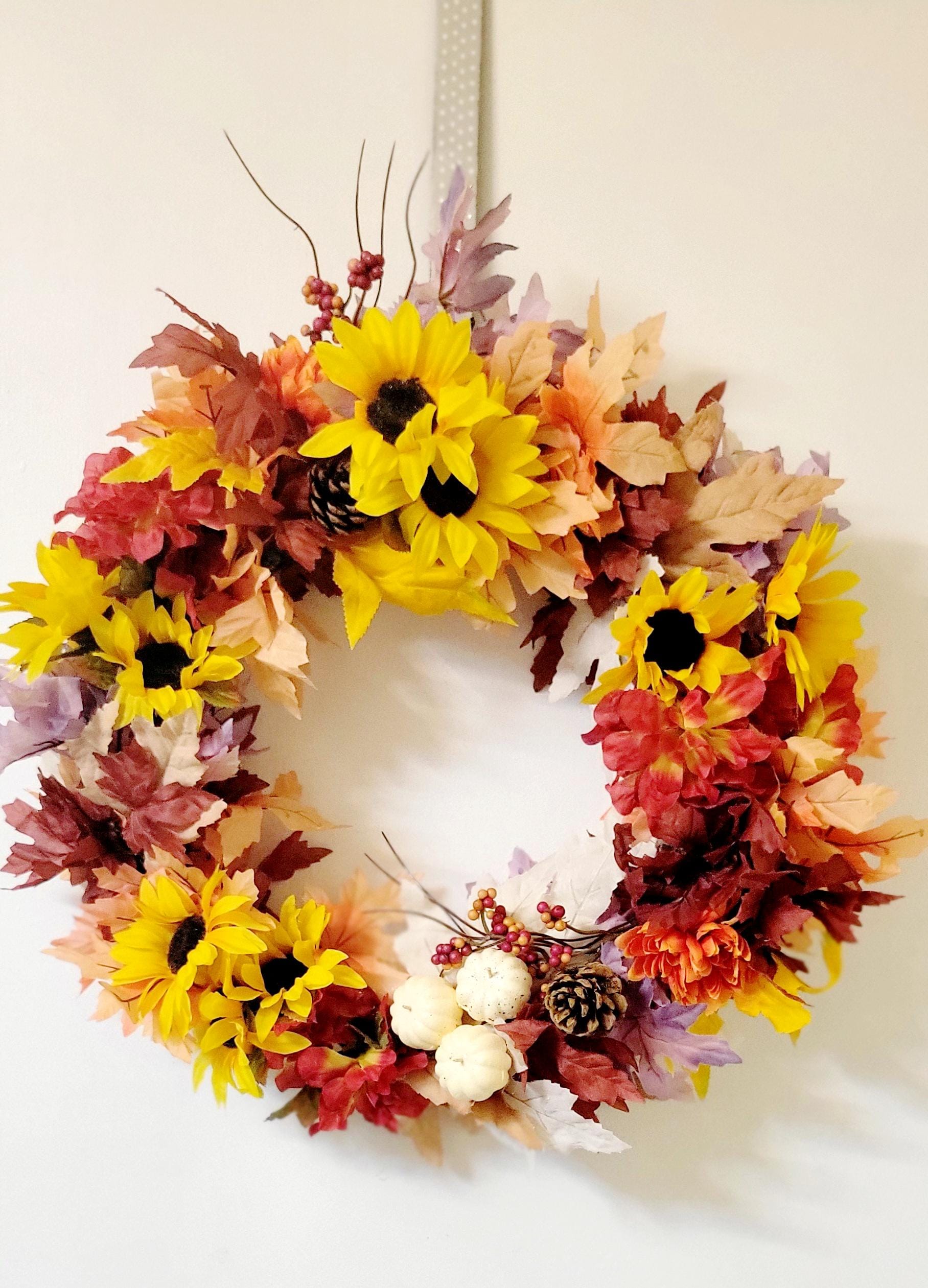 Hand Crafted Festive Fall Autumn Thanksgiving Wreath Door Hanging with Sunflowers and Pinecones - Thumbnail 5