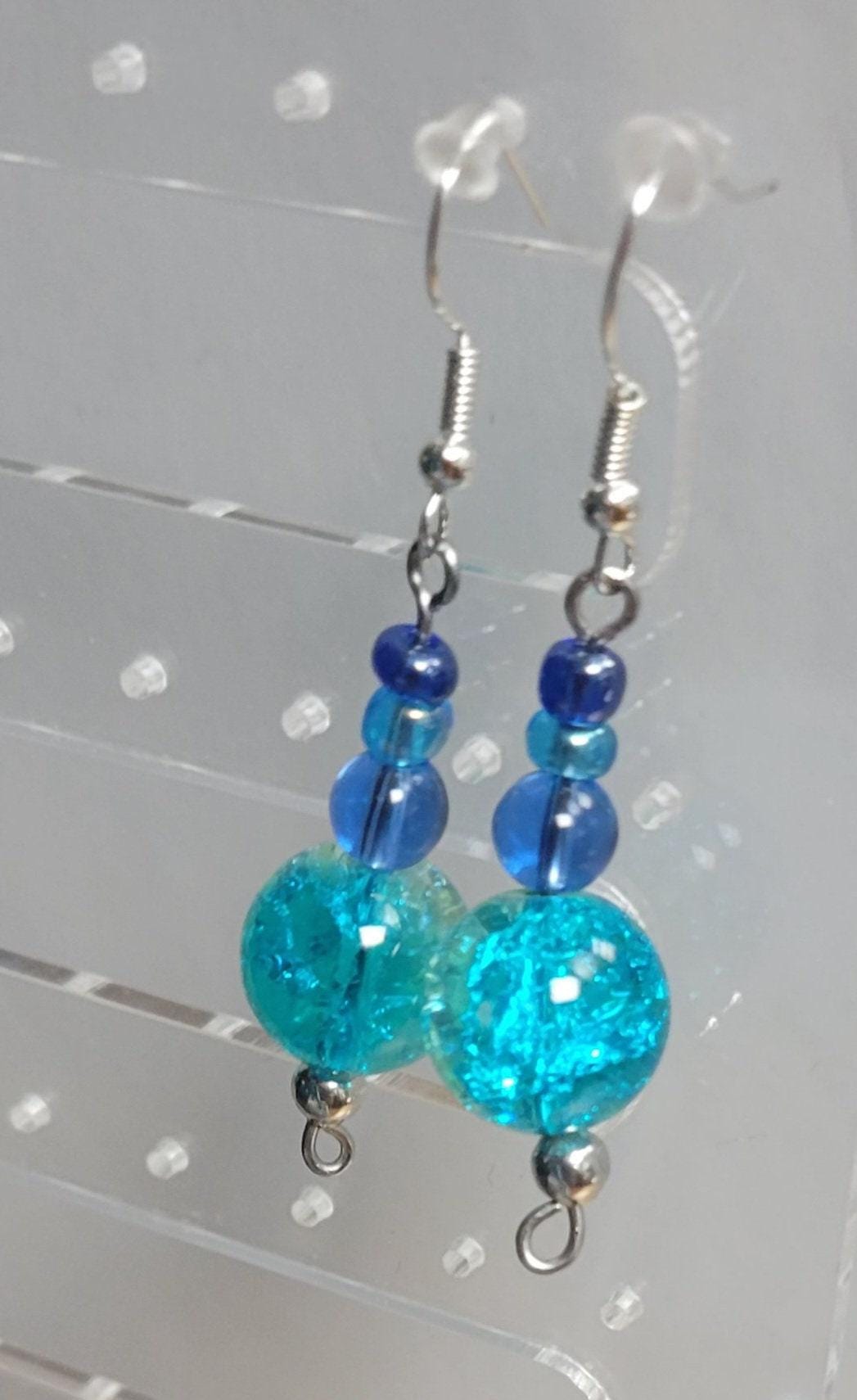 Glass bead dangle hook earrings in blues & greens - Thumbnail 5