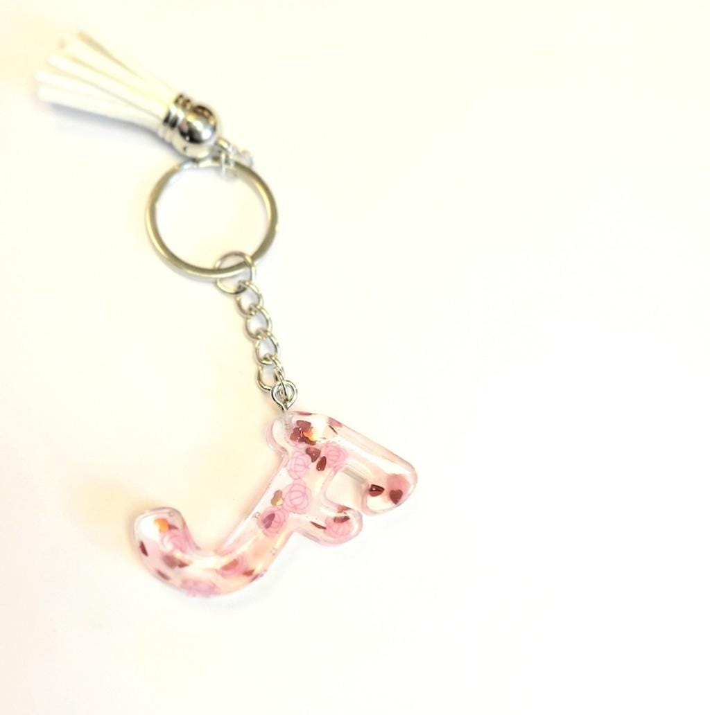 Personalizd 1.5" Resin Letter F Pink Floral & Heart Keychain with Tassel - Thumbnail 2