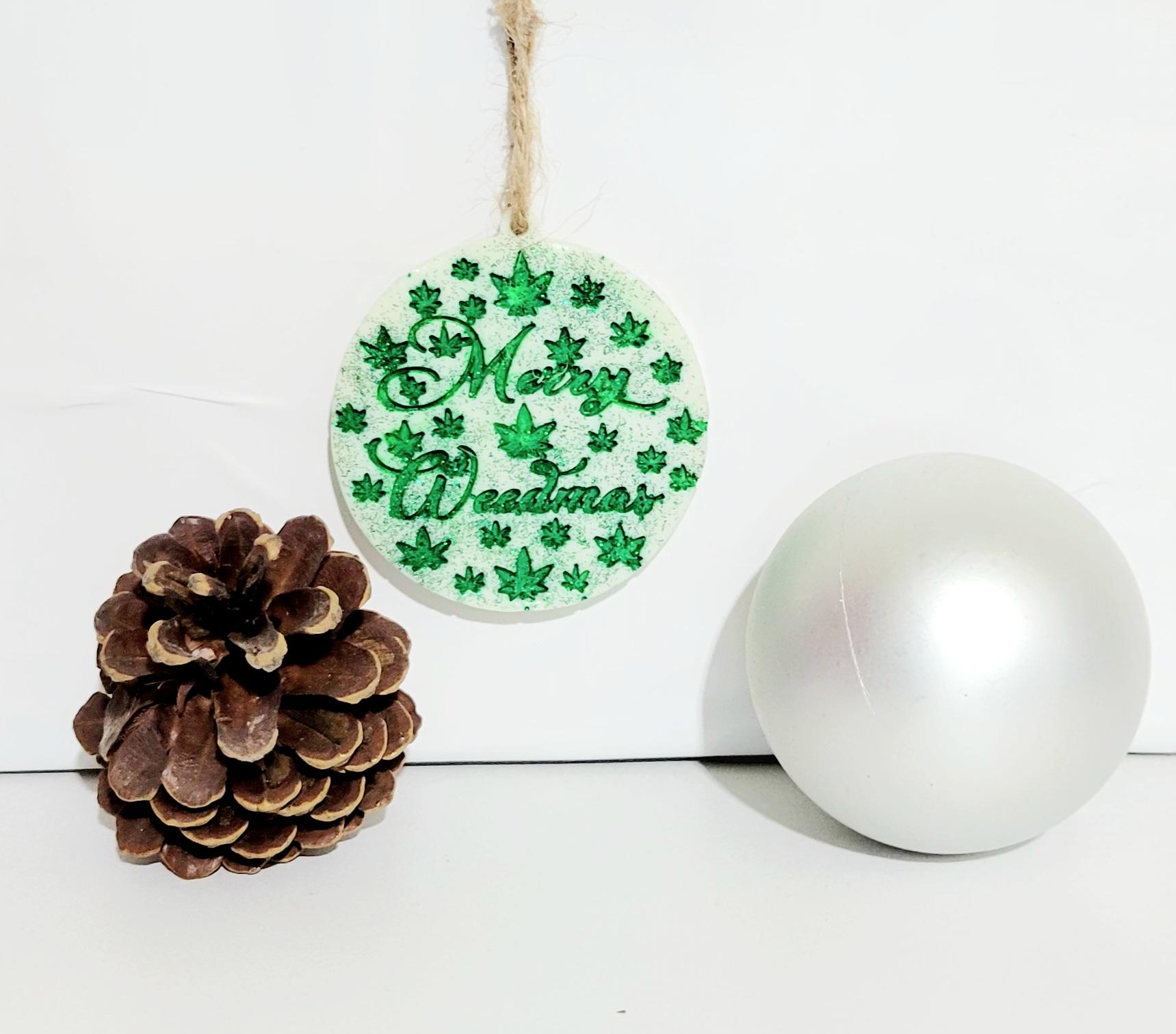 Green and White Hand Crafted Merry Weedmas Holiday Ornament - Thumbnail 2