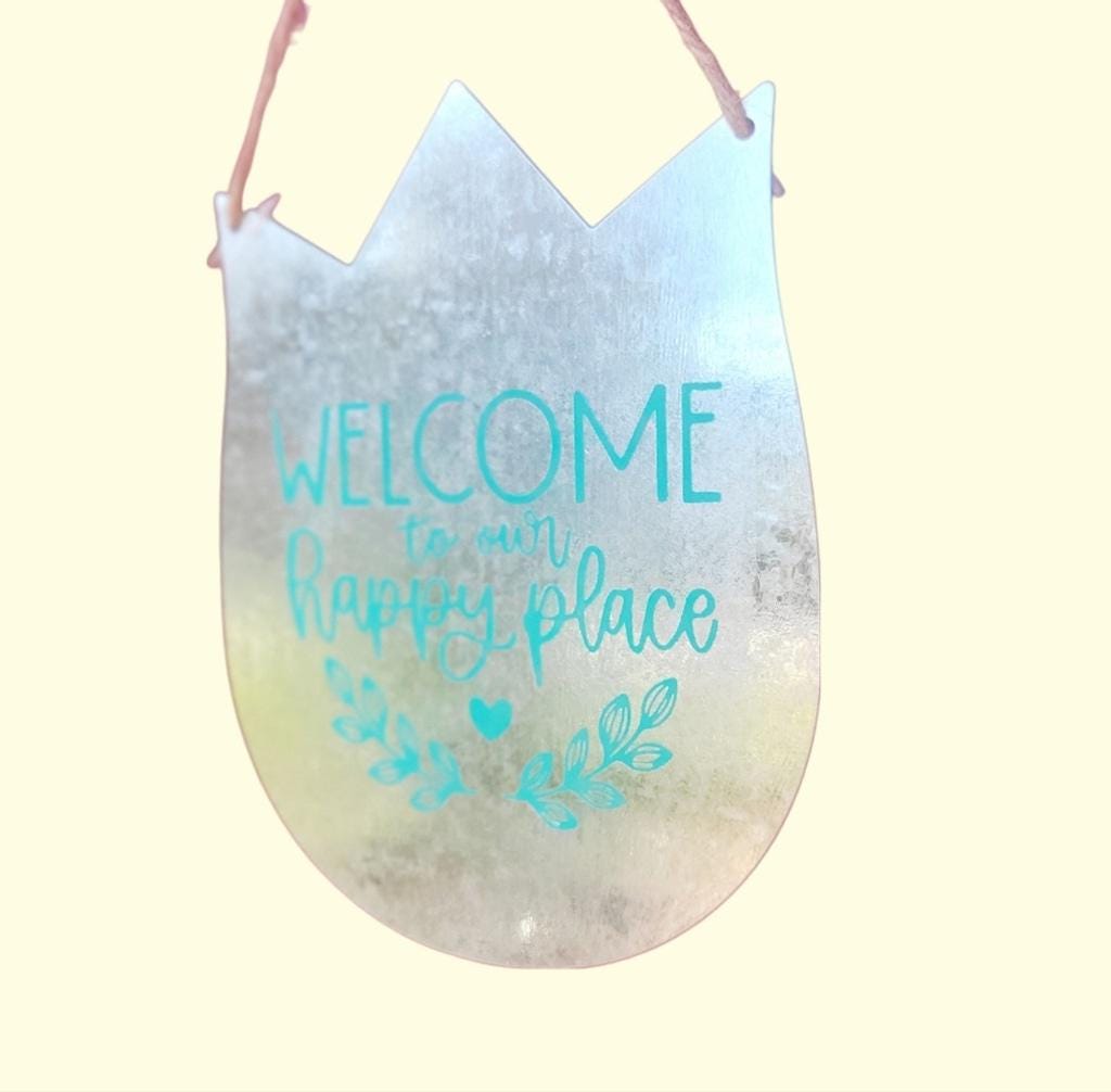 Galvanized Steel Tulip With Blue Welcome To Our Happy Place Door Hanging - Thumbnail 3