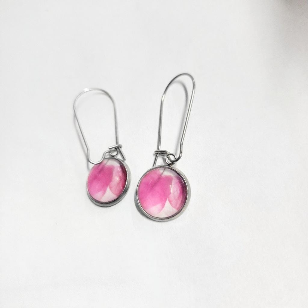 Artisan made pink watercolor leaf latch back drop earrings - Thumbnail 4