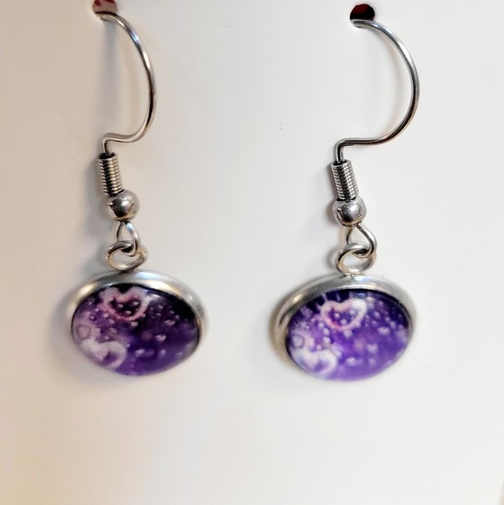 Purple heart bubble dangle drop earrings - Thumbnail 4