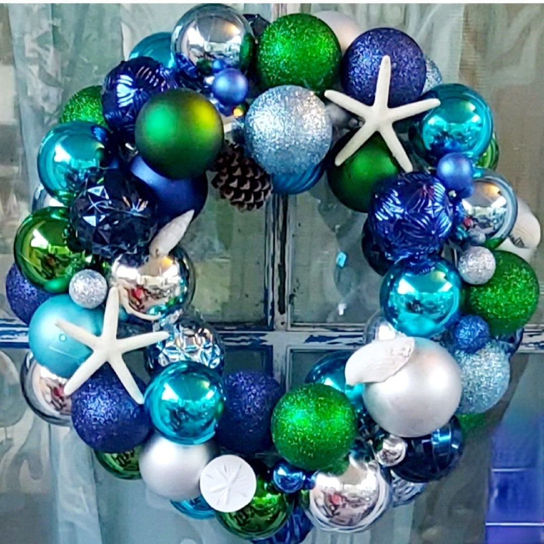 Beach Coastal Christmas Winter wreath with shatterproof ball ornaments Nautical beach theme - Thumbnail 2