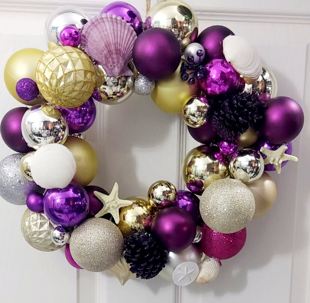 Beach Coastal Christmas Winter wreath with shatterproof ball ornaments Nautical beach theme - Thumbnail 3