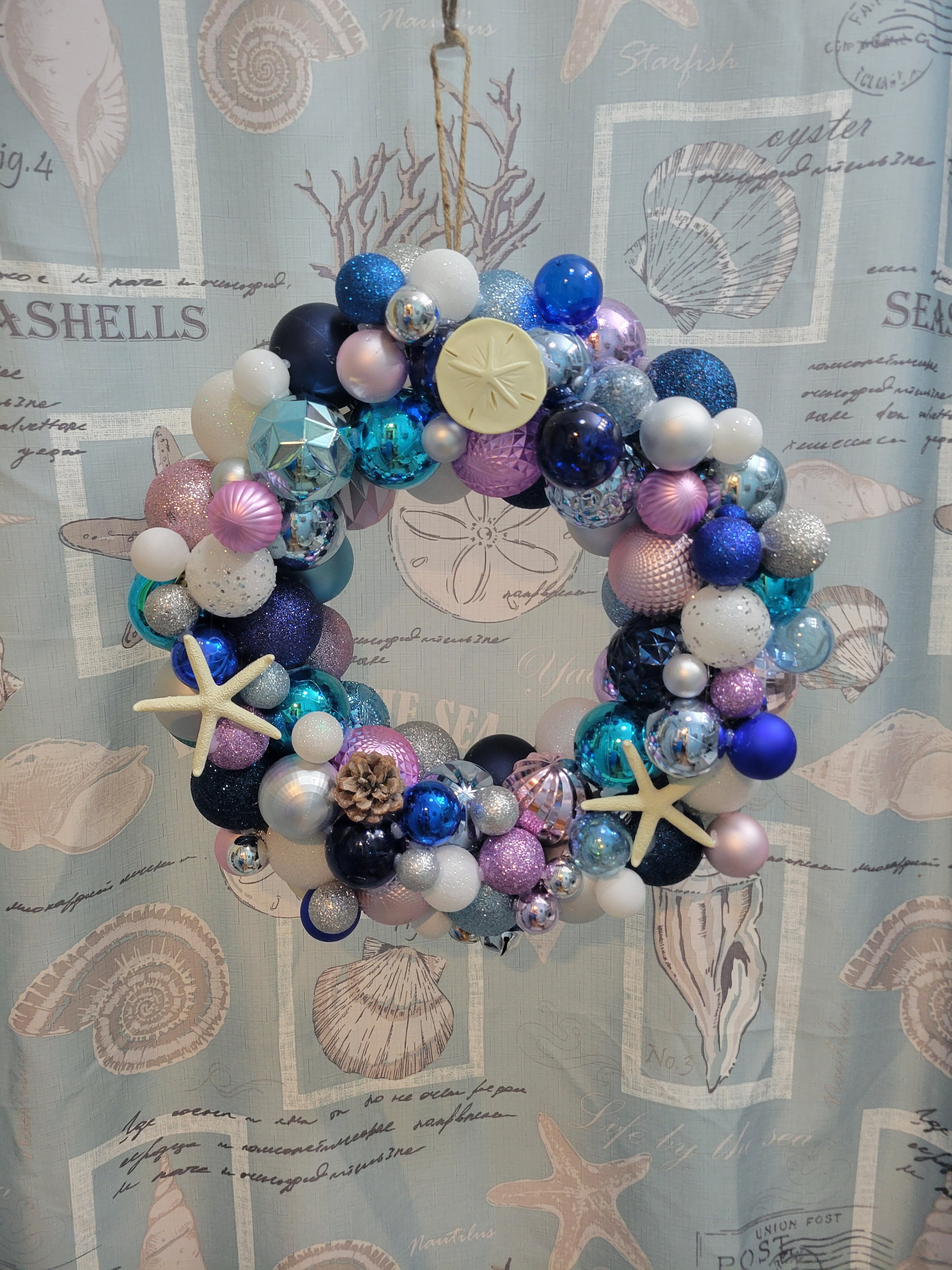 Beach Coastal Christmas Winter wreath with shatterproof ball ornaments Nautical beach theme - Thumbnail 7