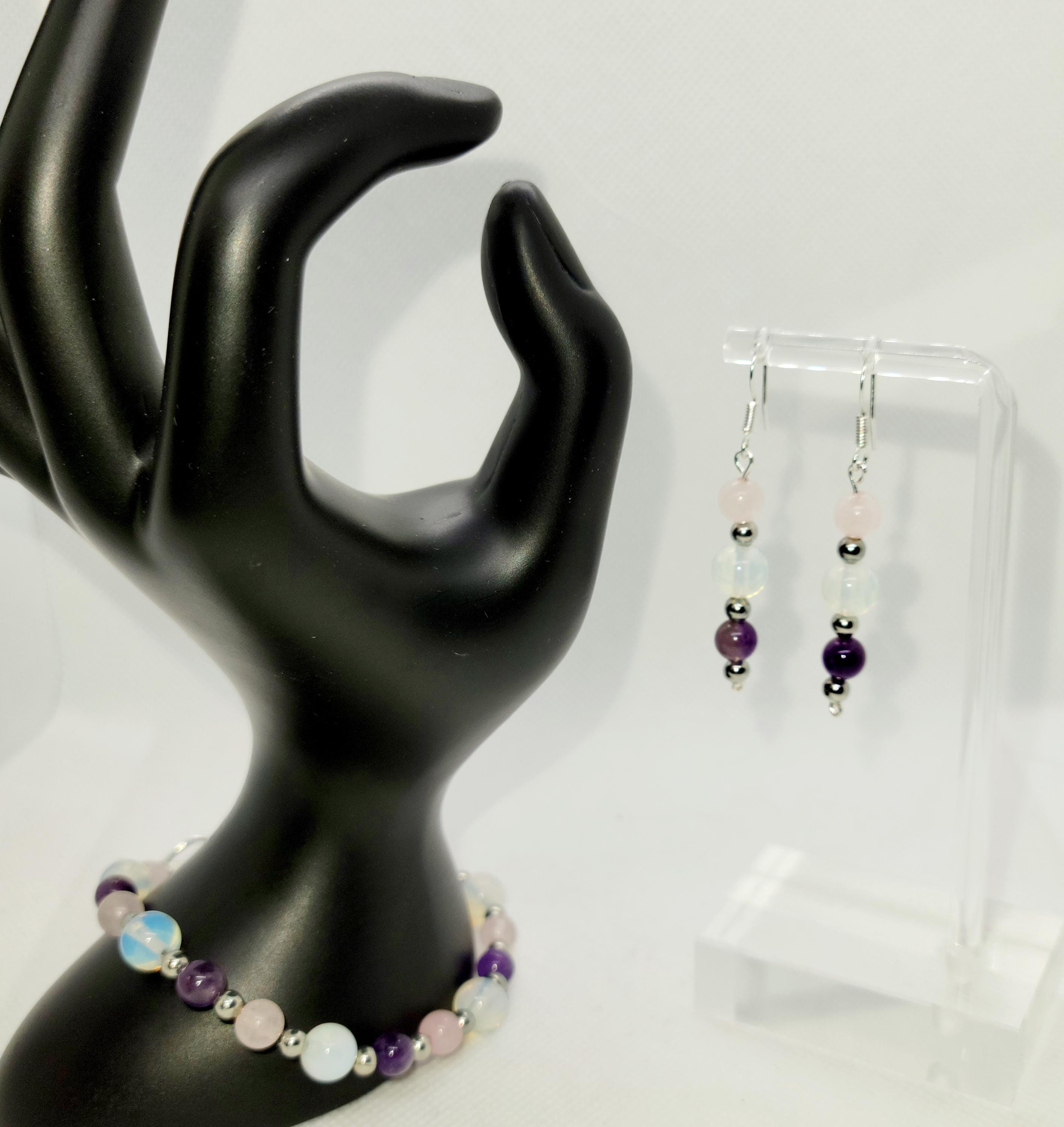 Natural Crystal rose quartz amethyst opalite bracelet & earrings set - Thumbnail 5