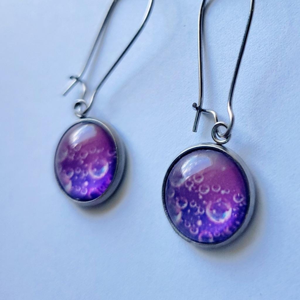 Elegant Purple and Silver Bubble Round Latch Back Drop Earrings - Thumbnail 3