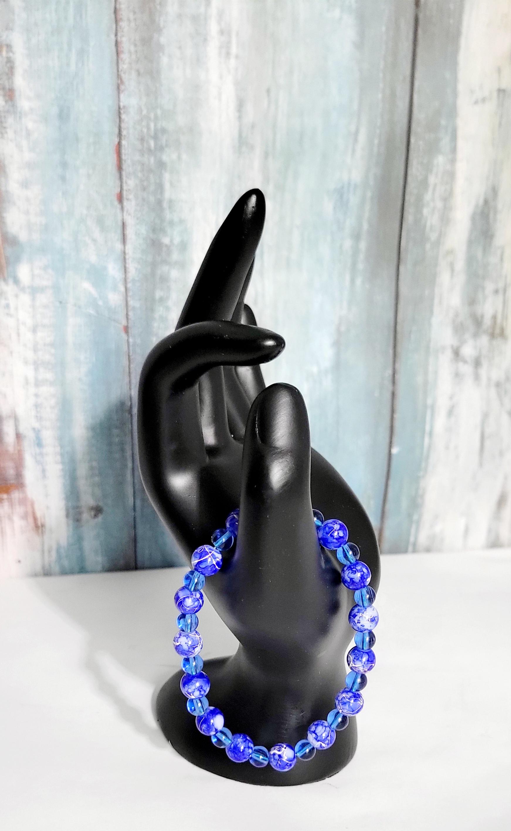 Hand crafted blue and white acrylic bead and translucent blue glass beaded bracelet - Thumbnail 2