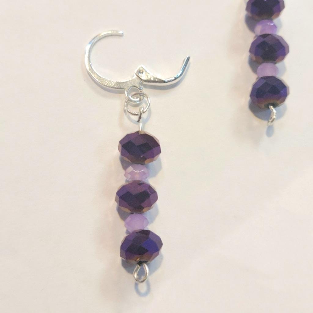 Purple Metallic & Lilac Faceted Beaded Dangle Drop Earrings 925 Stamped - Thumbnail 5