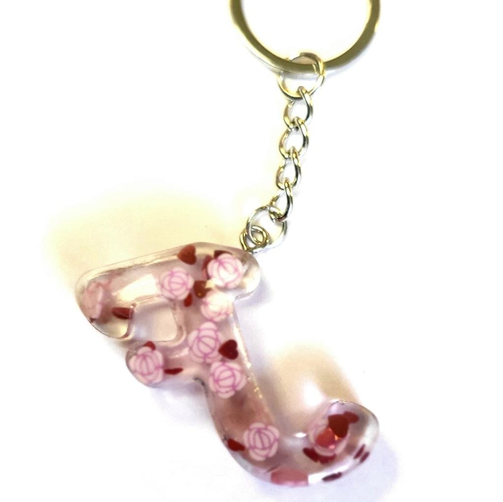 Personalizd 1.5" Resin Letter F Pink Floral & Heart Keychain with Tassel - Thumbnail 4