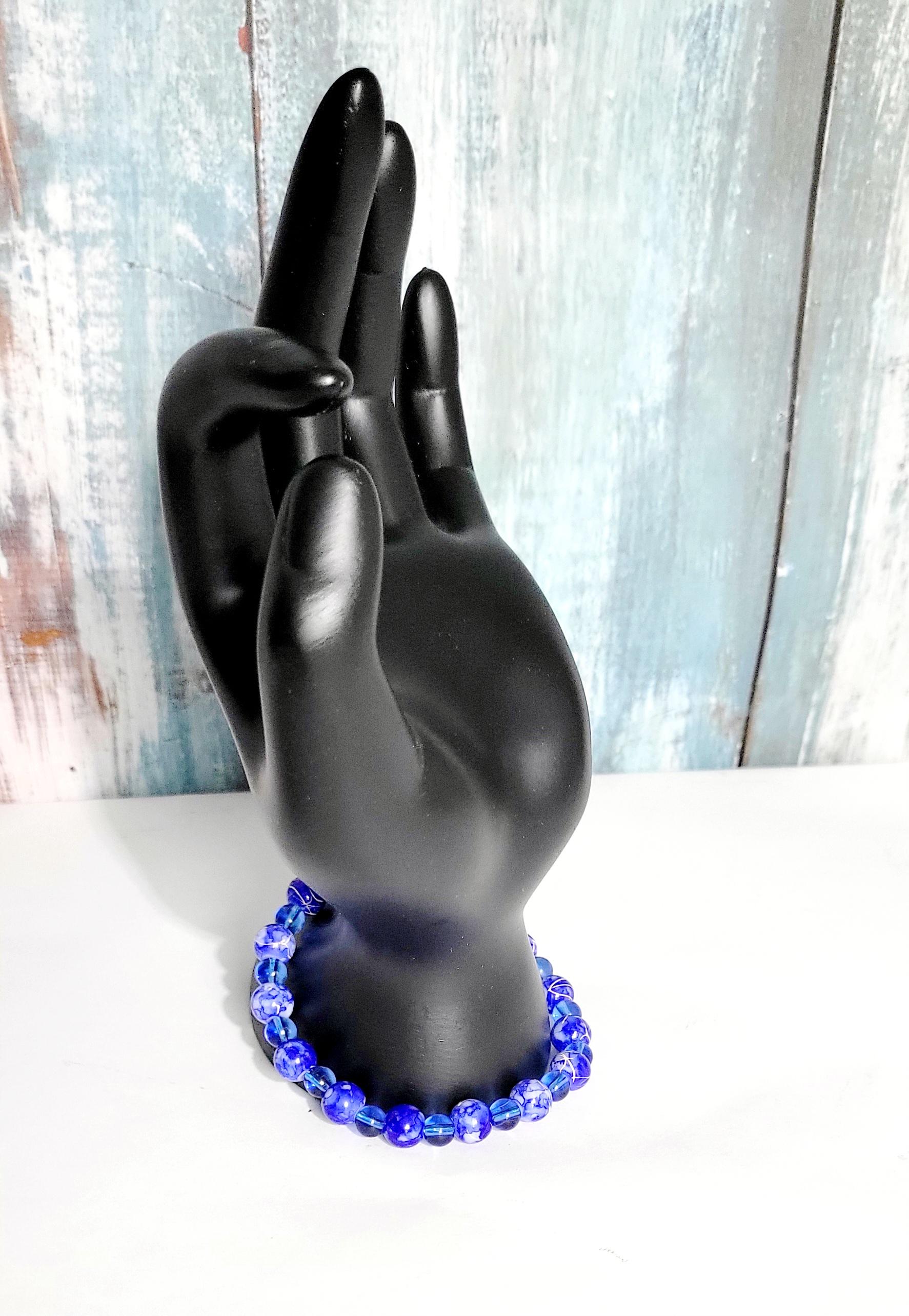 Hand crafted blue and white acrylic bead and translucent blue glass beaded bracelet - Thumbnail 7
