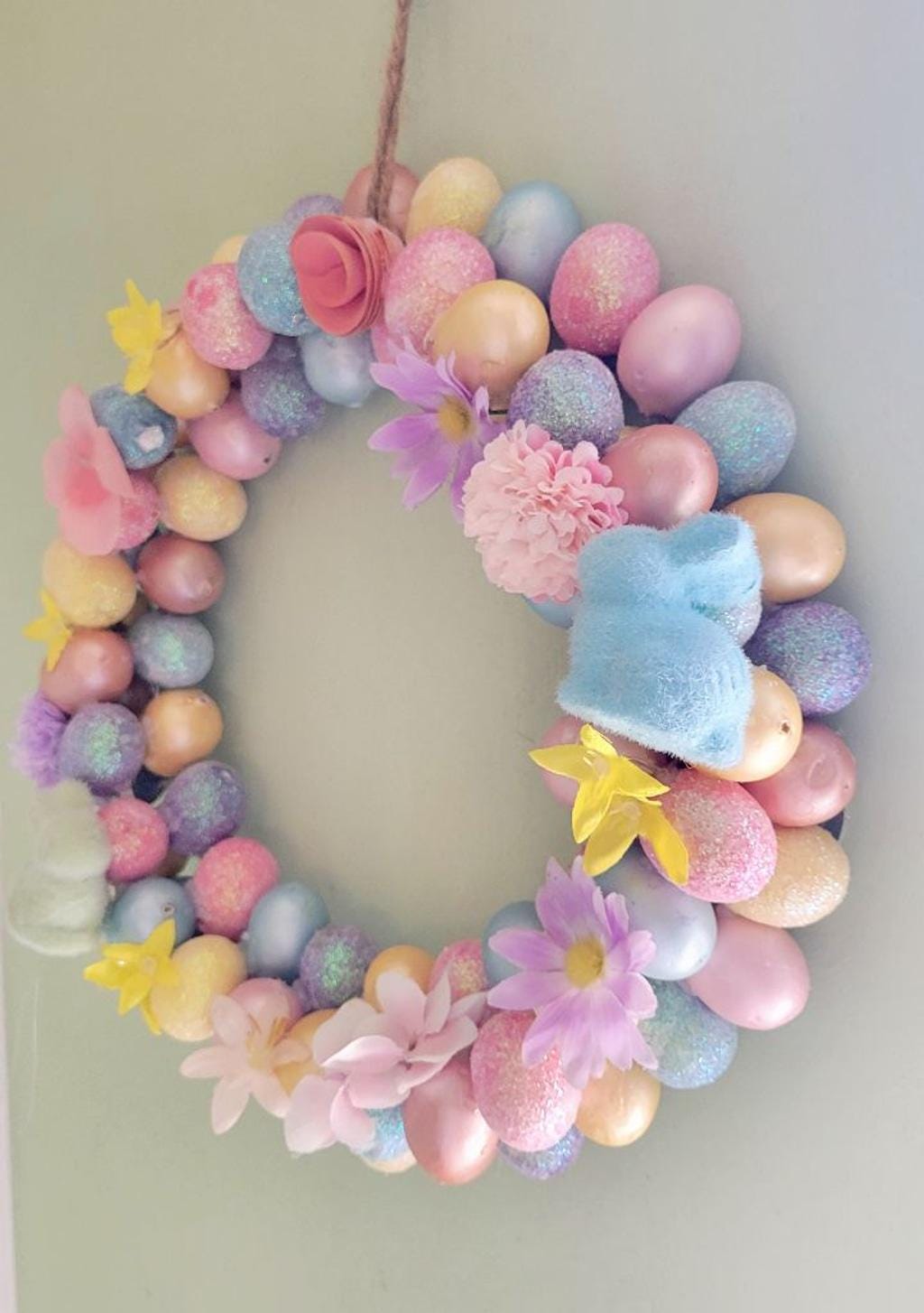 Handmade 12" Easter Spring wreath with artificial eggs, flowers & rabbits - Thumbnail 3