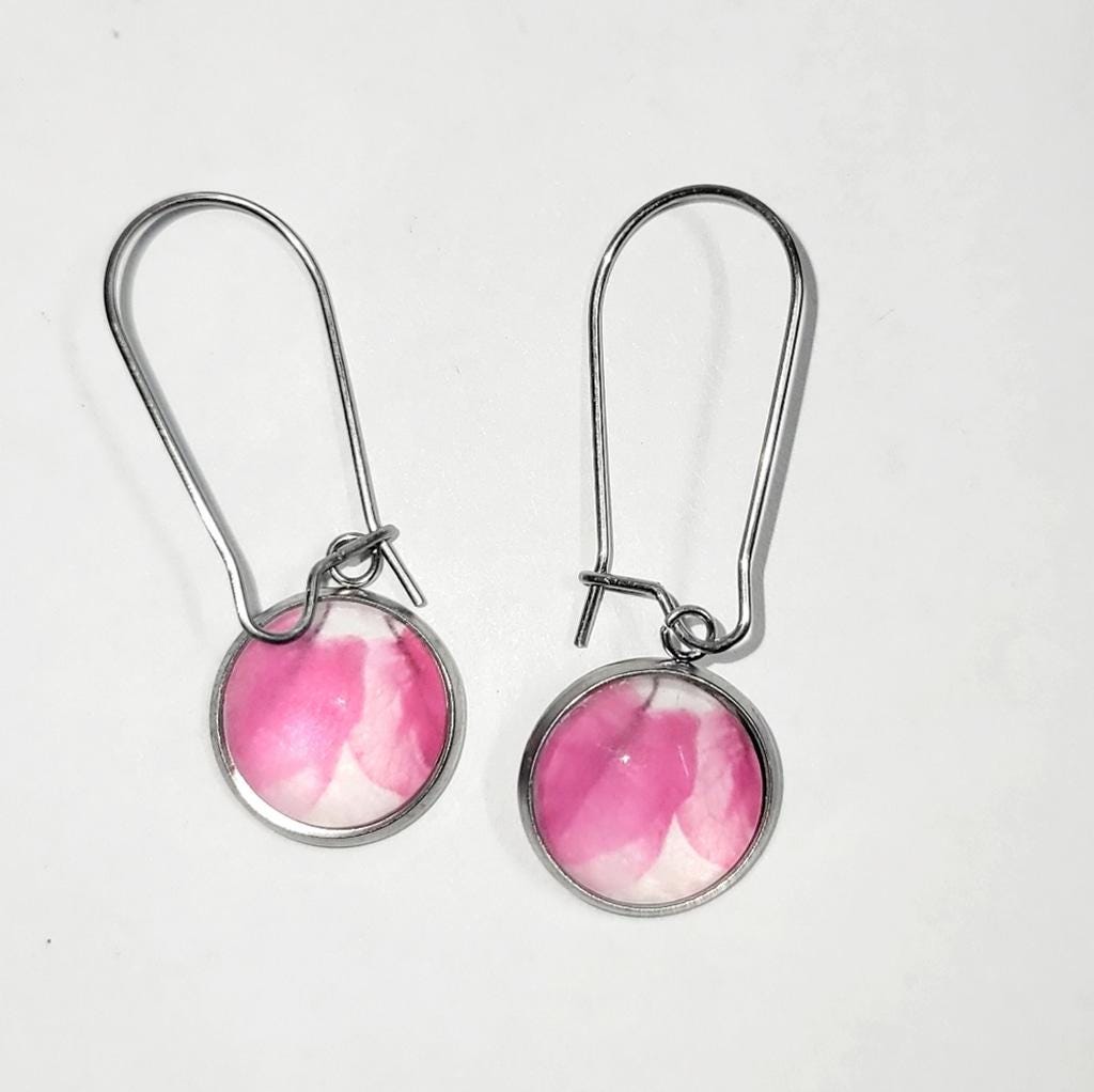 Artisan made pink watercolor leaf latch back drop earrings - Thumbnail 2