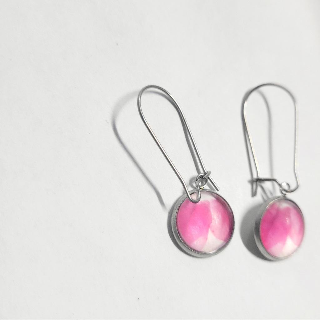 Artisan made pink watercolor leaf latch back drop earrings - Thumbnail 3