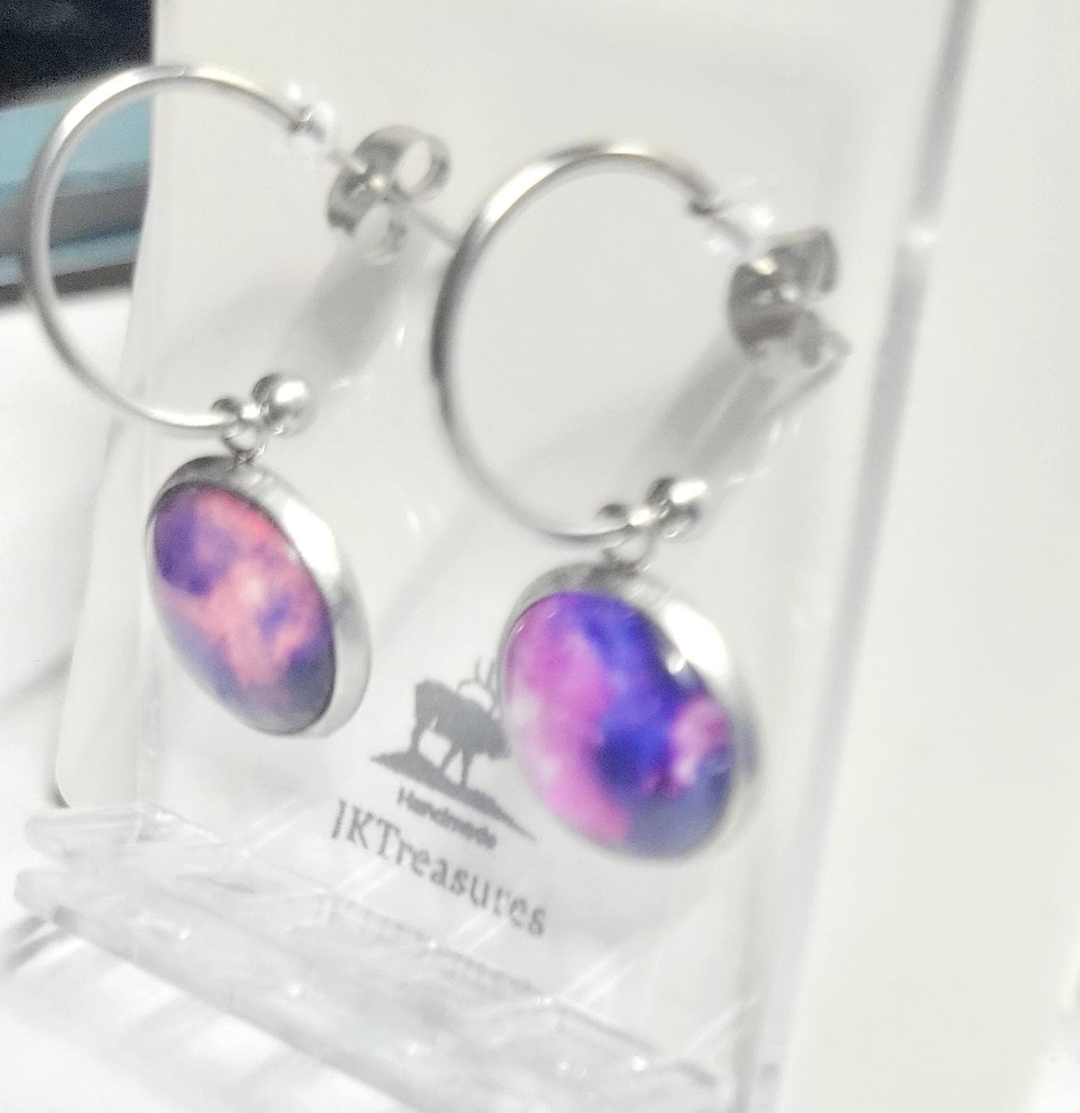 Nebula Galaxy Cosmic Ethereal Pink & Purple Hoop Earrings - Thumbnail 3