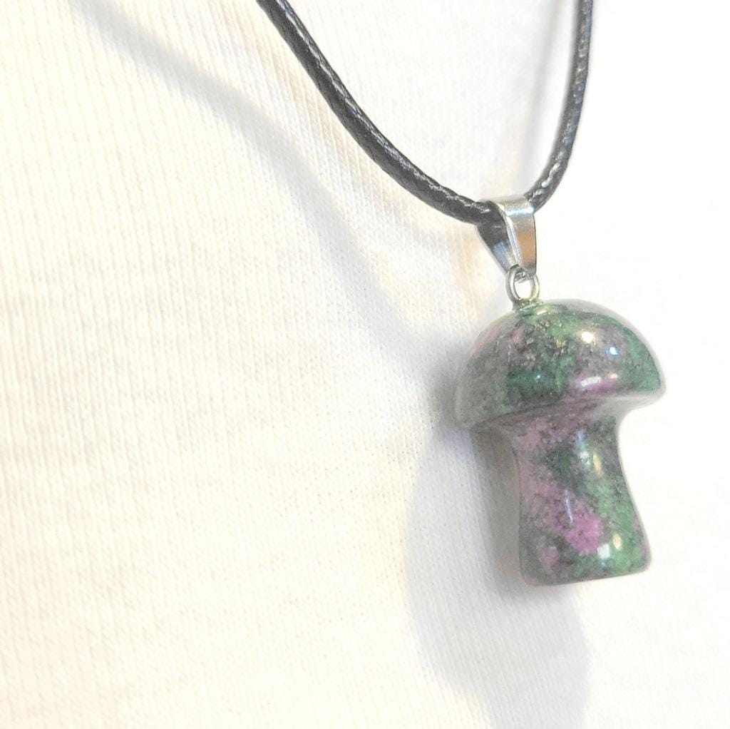 Natural Ruby Zoisite 1/2" Mushroom Crystal Pendant Necklace - Thumbnail 3