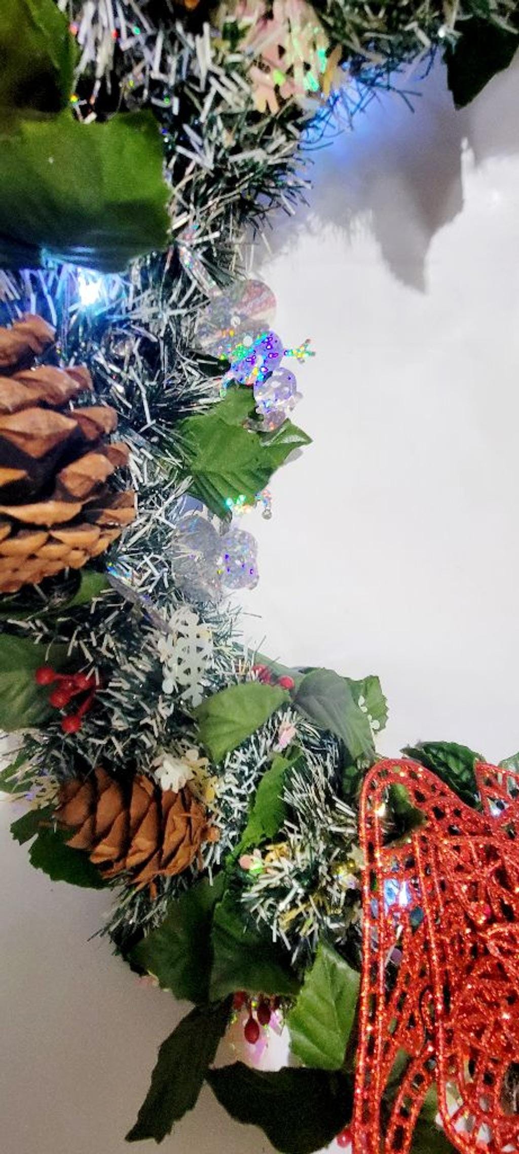 Handcrafted upcycled pre-lit 14" Christmas wreath door hanging wall decor - Thumbnail 6