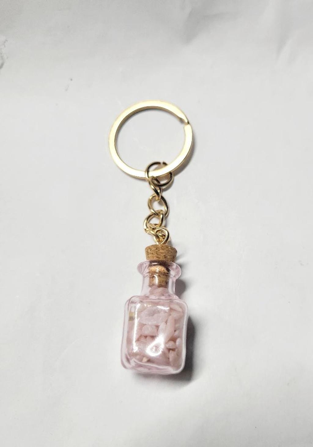 Hand crafted natural pink opal crystal mini wish bottle keychain - Thumbnail 2