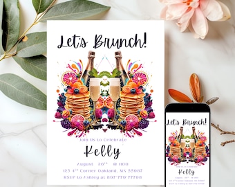 Brunch Birthday Invitation Editable Champagne Brunch Birthday Brunch Digital Invite Birthday Brunch Template Instant Download Canva Invite