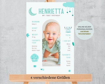 Personalisierte Meilensteintafel zum 1. Geburtstag mit Kinderfotos | Vorlage für Geburtstagstafel | Jungen | Sofort Download