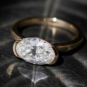 Horizontal Oval Moissanite Bezel Set Engagement Ring • East West Setting • Modern Solitaire Ring • 14k Gold • Anniversary Gift