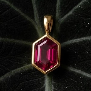 May include: A gold pendant with a hexagonal, ruby-colored gemstone. The pendant is suspended against a dark green leaf, creating a striking contrast. The gemstone is faceted, catching the light. The text "Lustrous Jewels Co" is at the bottom.