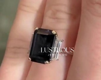 8 Carat Black Moissanite Engagement Ring – Emerald Cut Dark Grey Moissanite Ring – Vintage Solitaire Ring – Statement Cocktail Ring