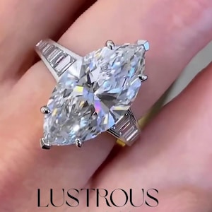 4 Carat Marquise Diamond Engagement Ring with Baguette Side Stones | White Gold Solitaire Ring | Vintage Cut Bridal Jewelry
