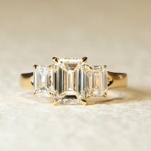 3 Carat Emerald Cut Moissanite Three Stone Ring | Emerald Moissanite Trio Ring | 14K Gold Engagement Ring | Luxe Anniversary Gift for Her