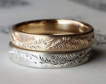 Botanical Wedding Band – Hand Engraved Leaf Pattern Ring in Gold or Silver | Nature-Inspired Ring | Unique Matching Couple Bands