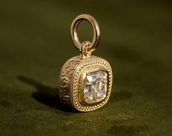 Antique-Style Cushion Cut Moissanite Charm | Vintage Gold Pendant with Floral Engraving, 14k Gold Bezel Set Heirloom Jewelry, Etched Profile
