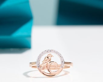 14k & 18k Solid Gold Diamond Sparrow Bird Ring: Symbolic Peace Band, Birthday Gift