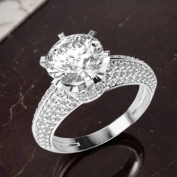 Round Cut Moissanite Engagement Ring in 14k & 18k Gold - Classic Design with Unique 3 Row Pave Set Wedding Band