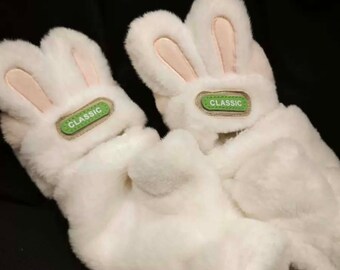 Rabbit Ear Gloves, Animal Gloves, Woman Mittens, Winter Warm Gloves, Furry Soft Gloves, Handmade Gloves, Outdoor Gloves, Birthday Gift